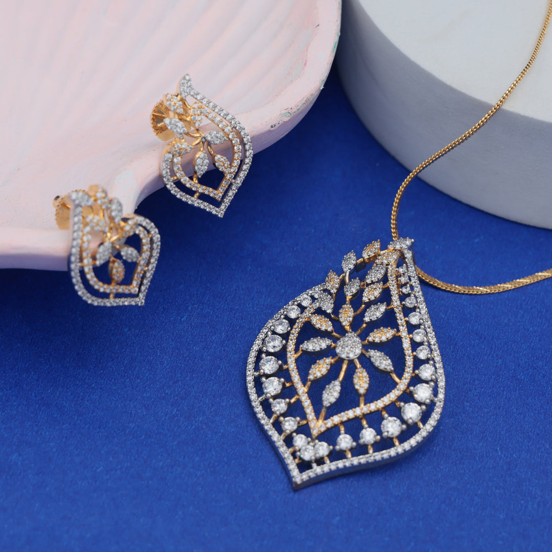 Elegant Leaf-Cut CZ Pendant Set (Gold Finish)