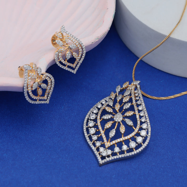 Elegant Leaf-Cut CZ Pendant Set (Gold Finish)