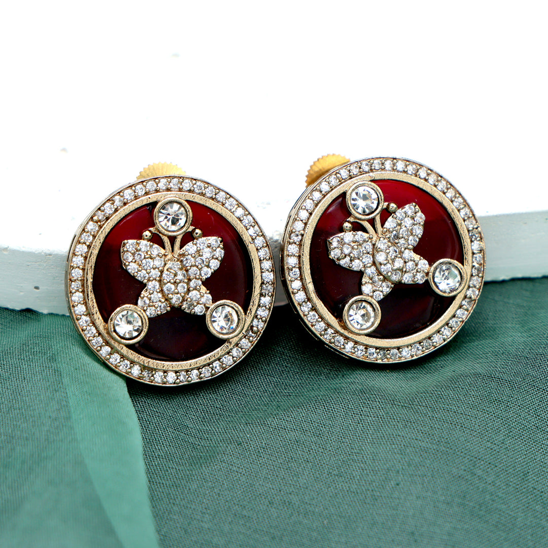 Enamel Floral Stud Earrings - Maroon
