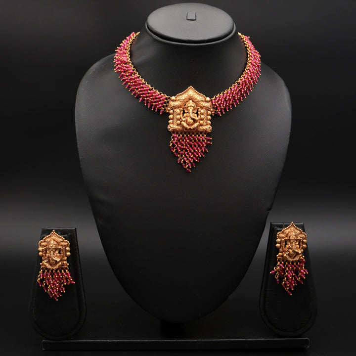Temple Ganesha Ruby Beaded Choker Necklace Set