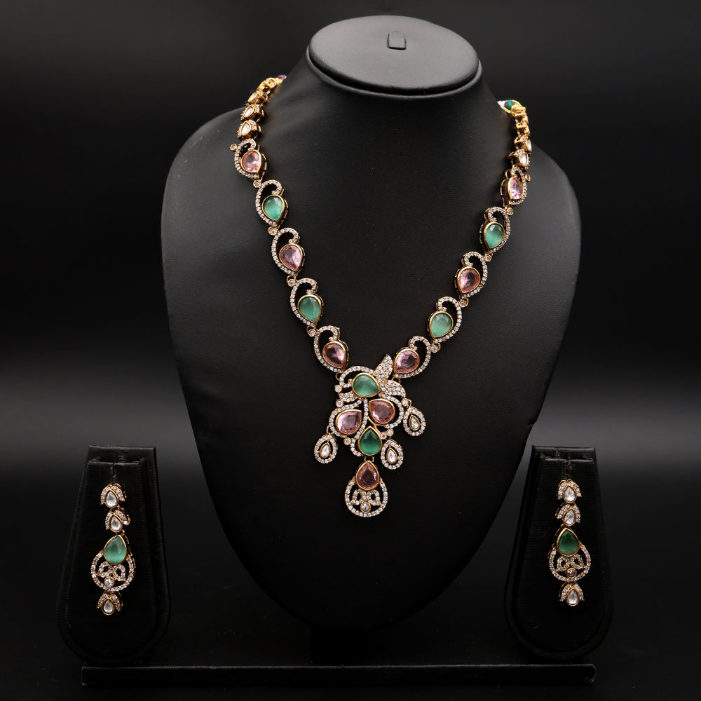 Dual-Tone Pastel Pink & Green Kundan Necklace Set - Pink & Green
