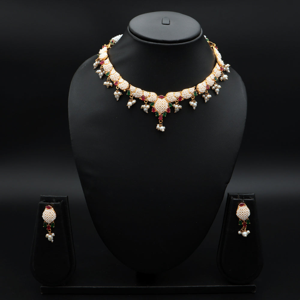 Pearl Leaf Meenakari Choker Necklace Set