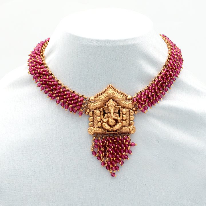 Temple Ganesha Ruby Beaded Choker Necklace Set