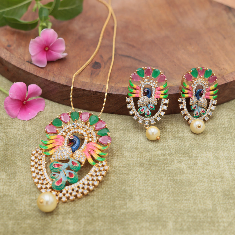 Vibrant Peacock Meenakari Pendant Necklace Set