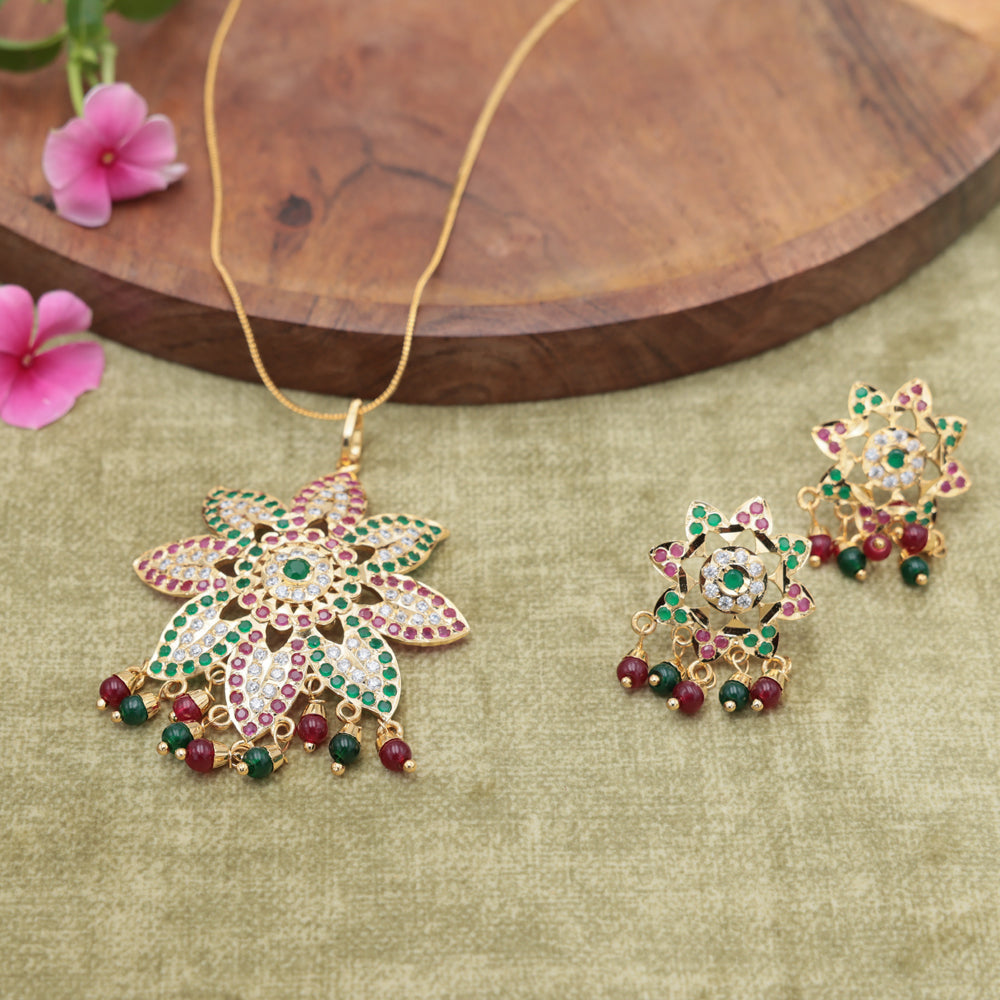 Floral Enamel Polki Pendant Necklace Set