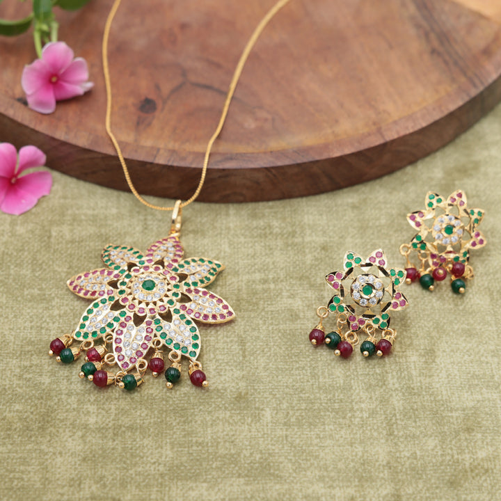 Floral Enamel Polki Pendant Necklace Set