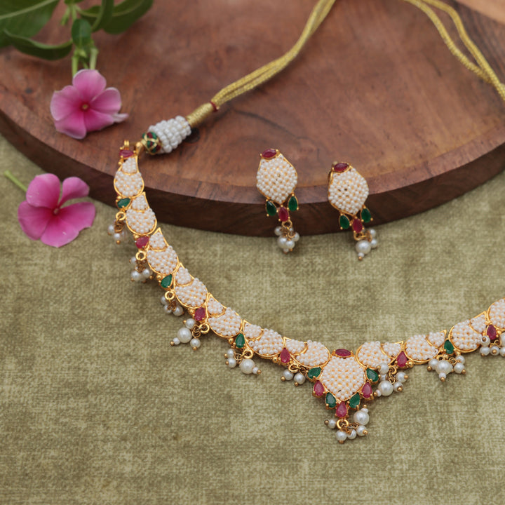 Pearl Leaf Meenakari Choker Necklace Set