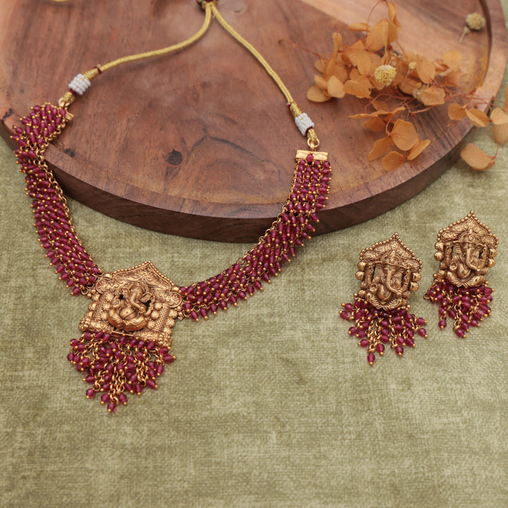 Temple Ganesha Ruby Beaded Choker Necklace Set
