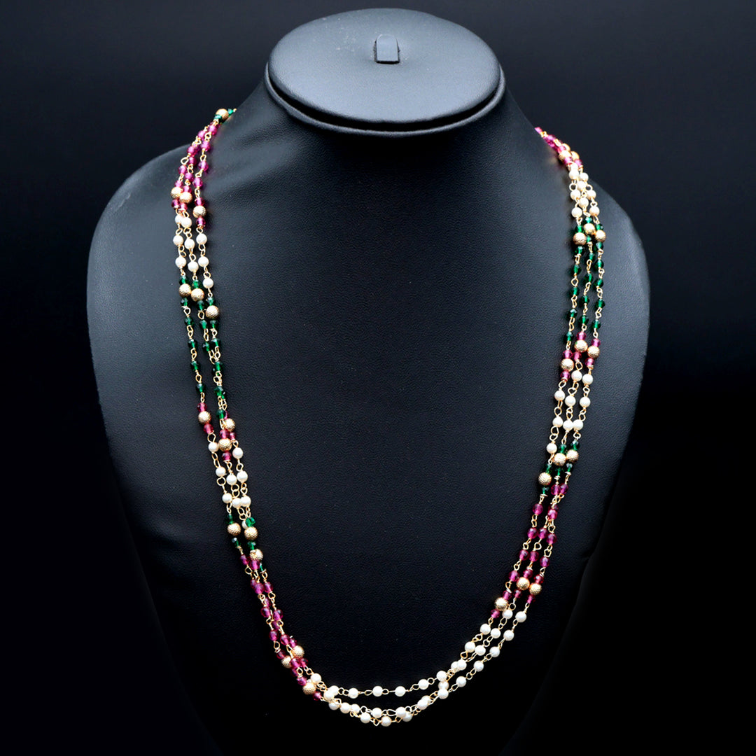 Tri-Color Pearl & Bead Multi-Layer Long Necklace