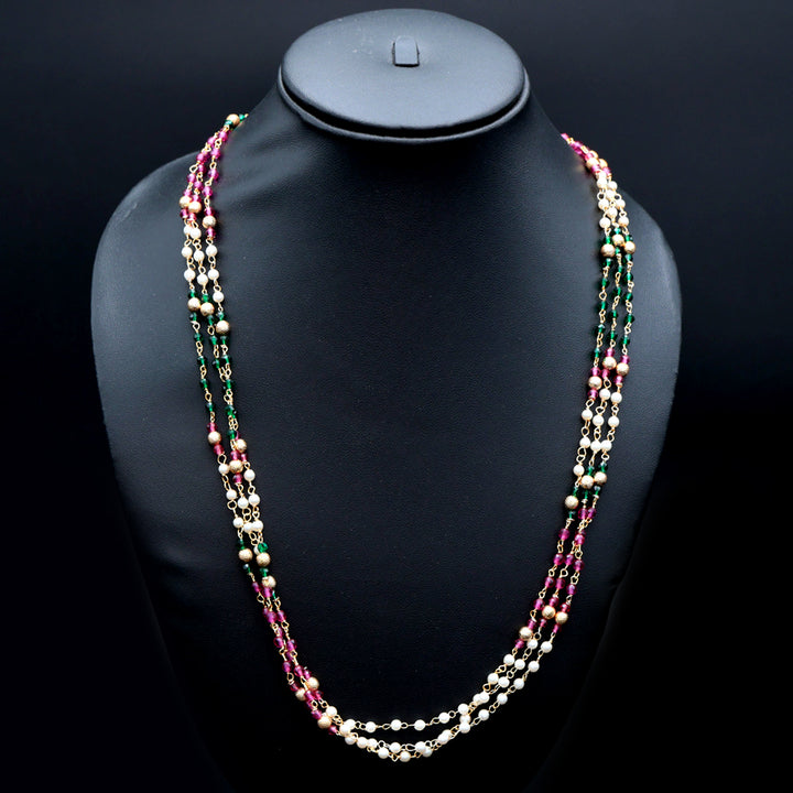 Tri-Color Pearl & Bead Multi-Layer Long Necklace