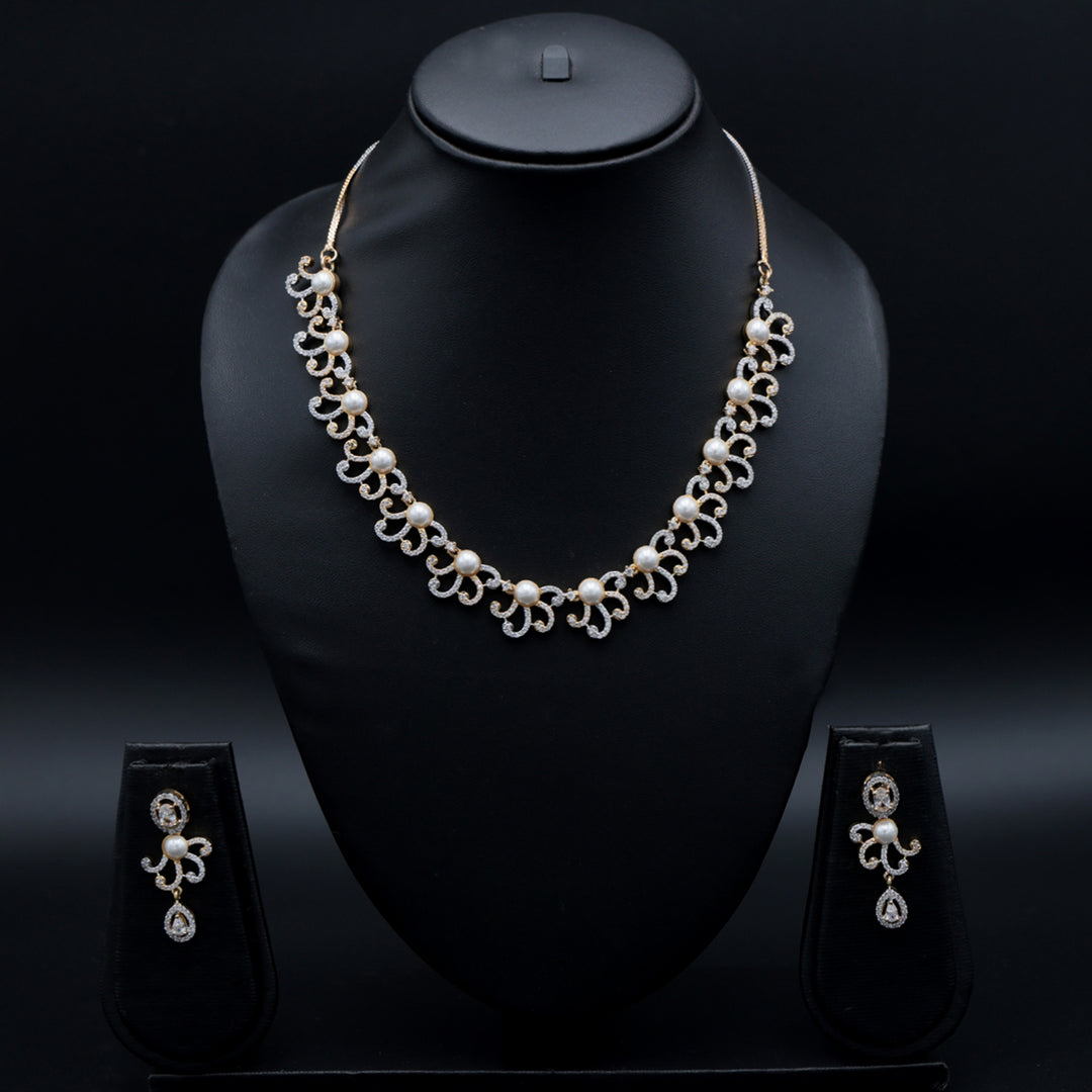 Elegant Pearl & CZ Designer Necklace Set