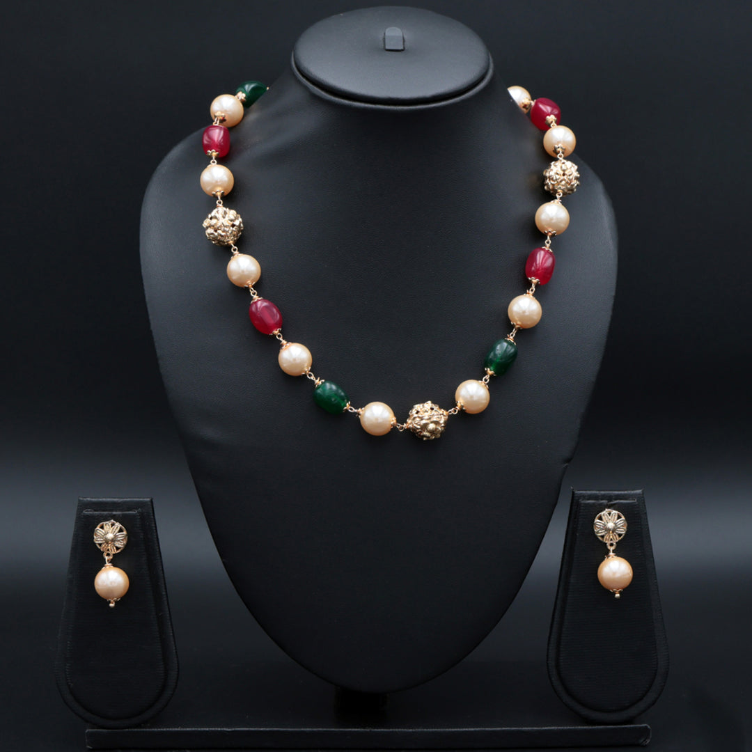 Dual-Tone Pearl & Color Bead Statement Necklace Set