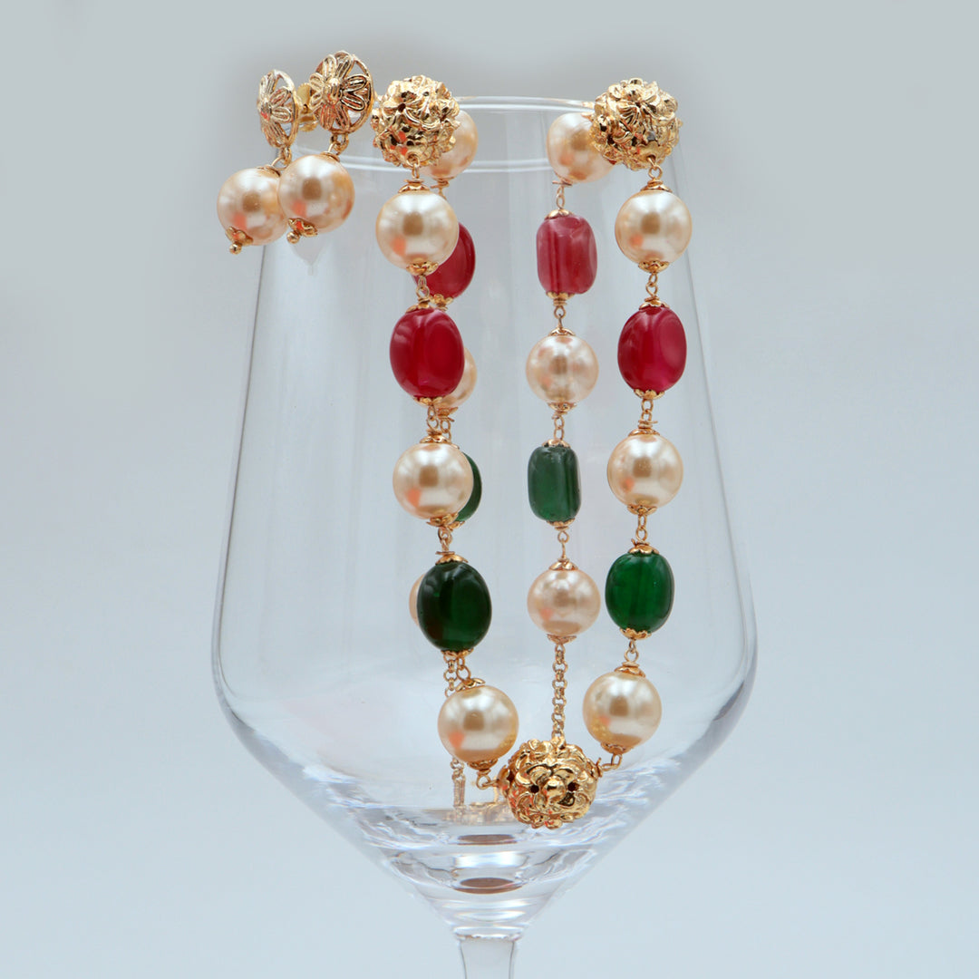 Dual-Tone Pearl & Color Bead Statement Necklace Set