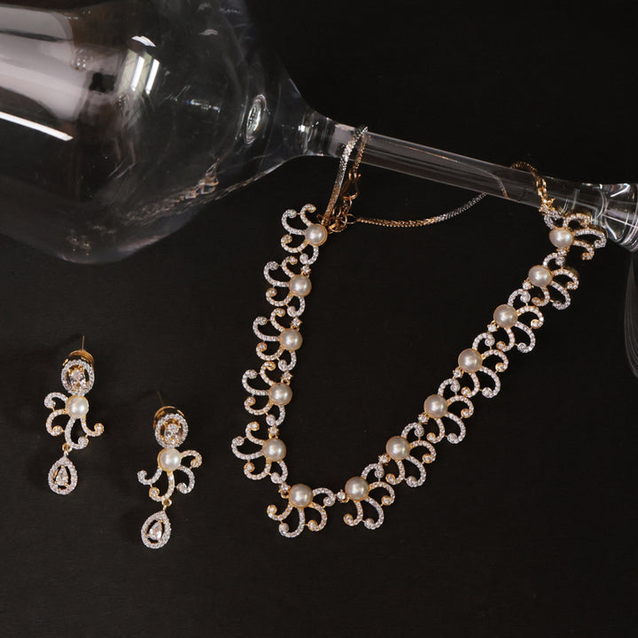 Elegant Pearl & CZ Designer Necklace Set