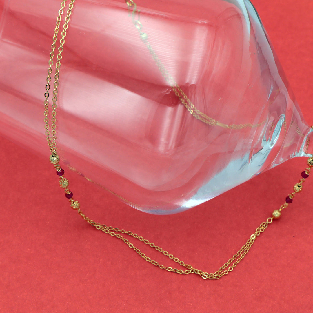 Delicate Gold-Toned Dual Chain Ruby Bead Necklace