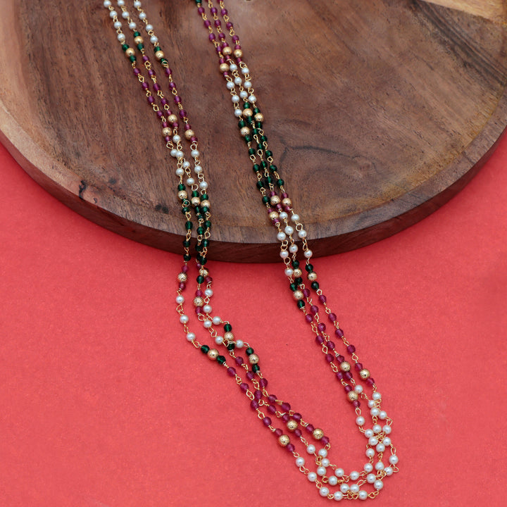 Tri-Color Pearl & Bead Multi-Layer Long Necklace