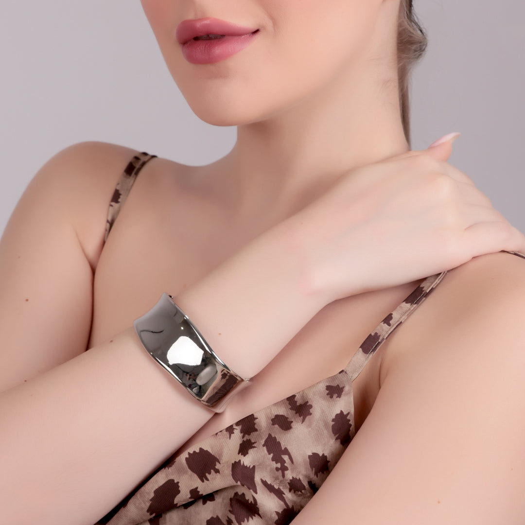Metallic Silver Sculpted Cuff Bracelet - Silver