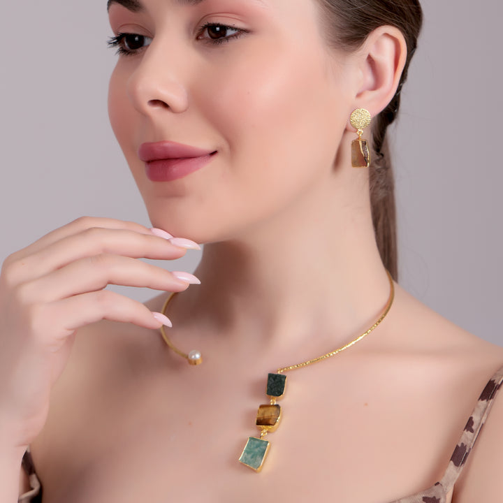 GeoStone Textured Gold Necklace Set