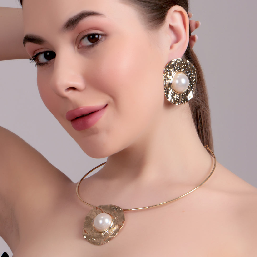 Hammered Gold Pearl Statement Choker Set