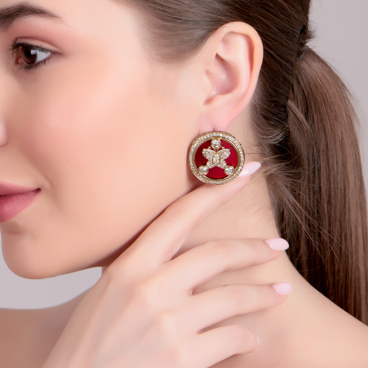 Enamel Floral Stud Earrings - Maroon