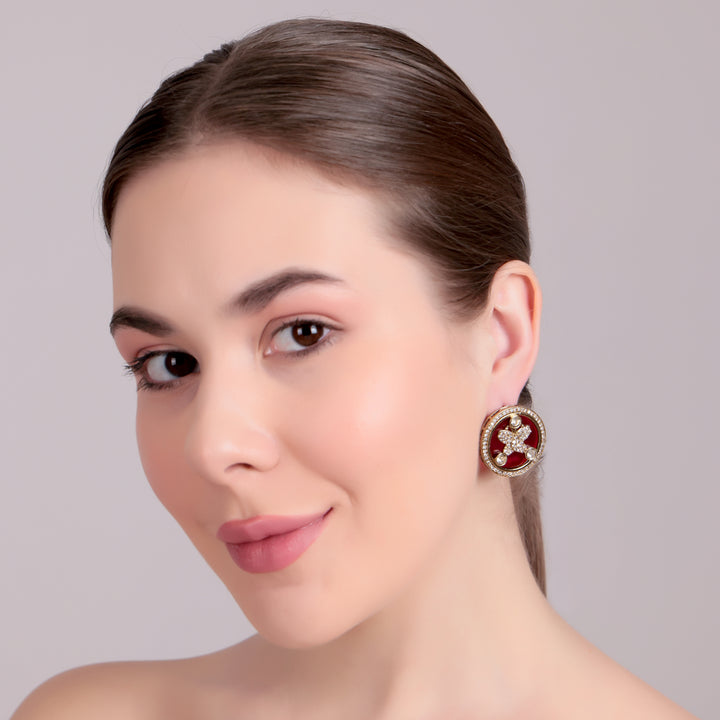 Enamel Floral Stud Earrings - Maroon