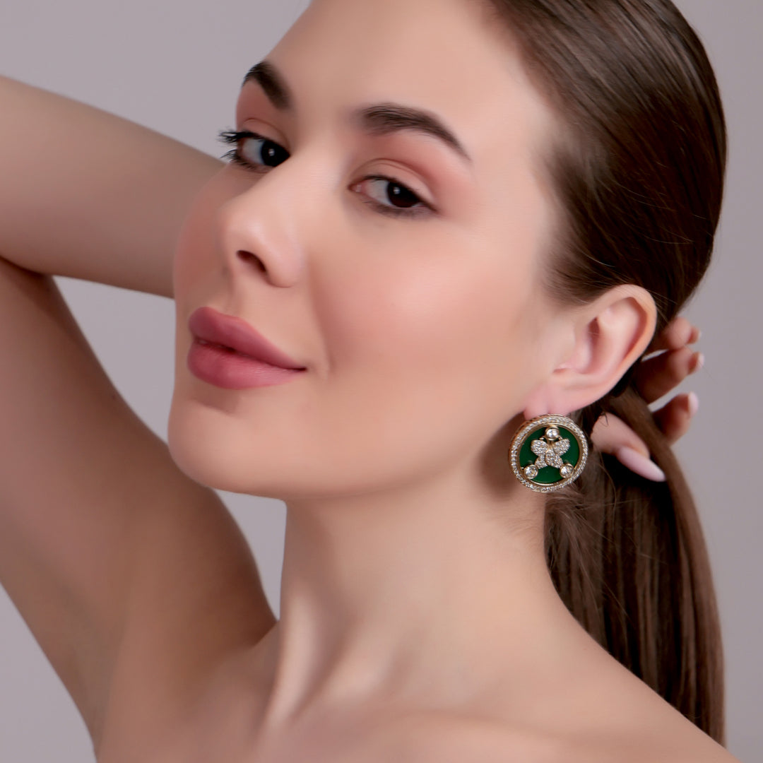 Enamel Floral Stud Earrings - Green