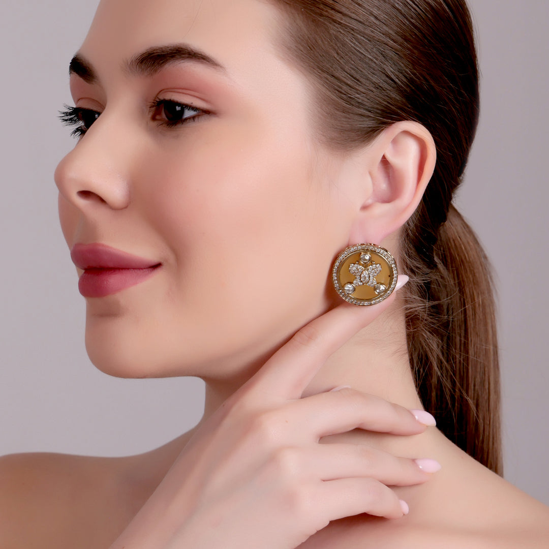 Enamel Floral Stud Earrings - Mustard