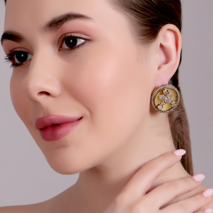 Enamel Floral Stud Earrings - Mustard