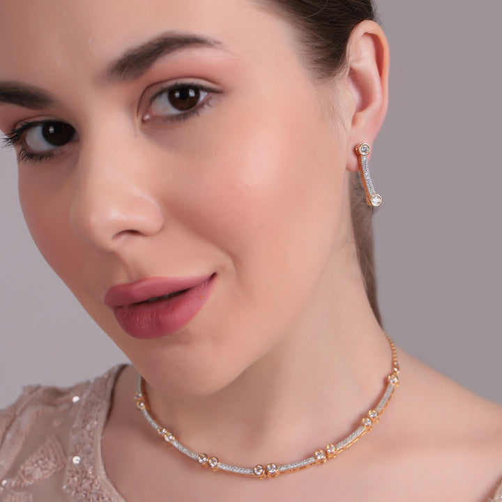 Dual-Tone Sparkling Minimal Necklace & Earring Set