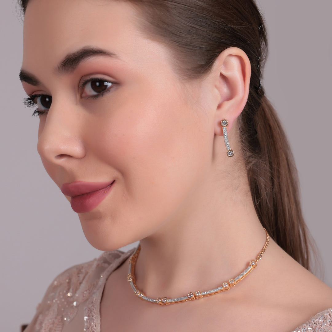 Dual-Tone Sparkling Minimal Necklace & Earring Set
