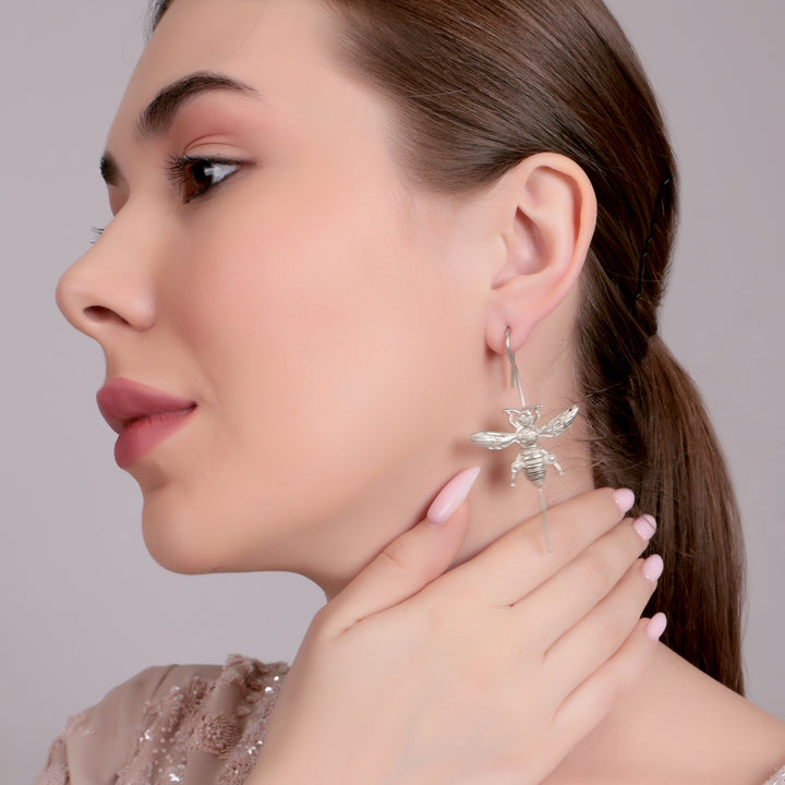 Silver Bee Motif Long Drop Earrings
