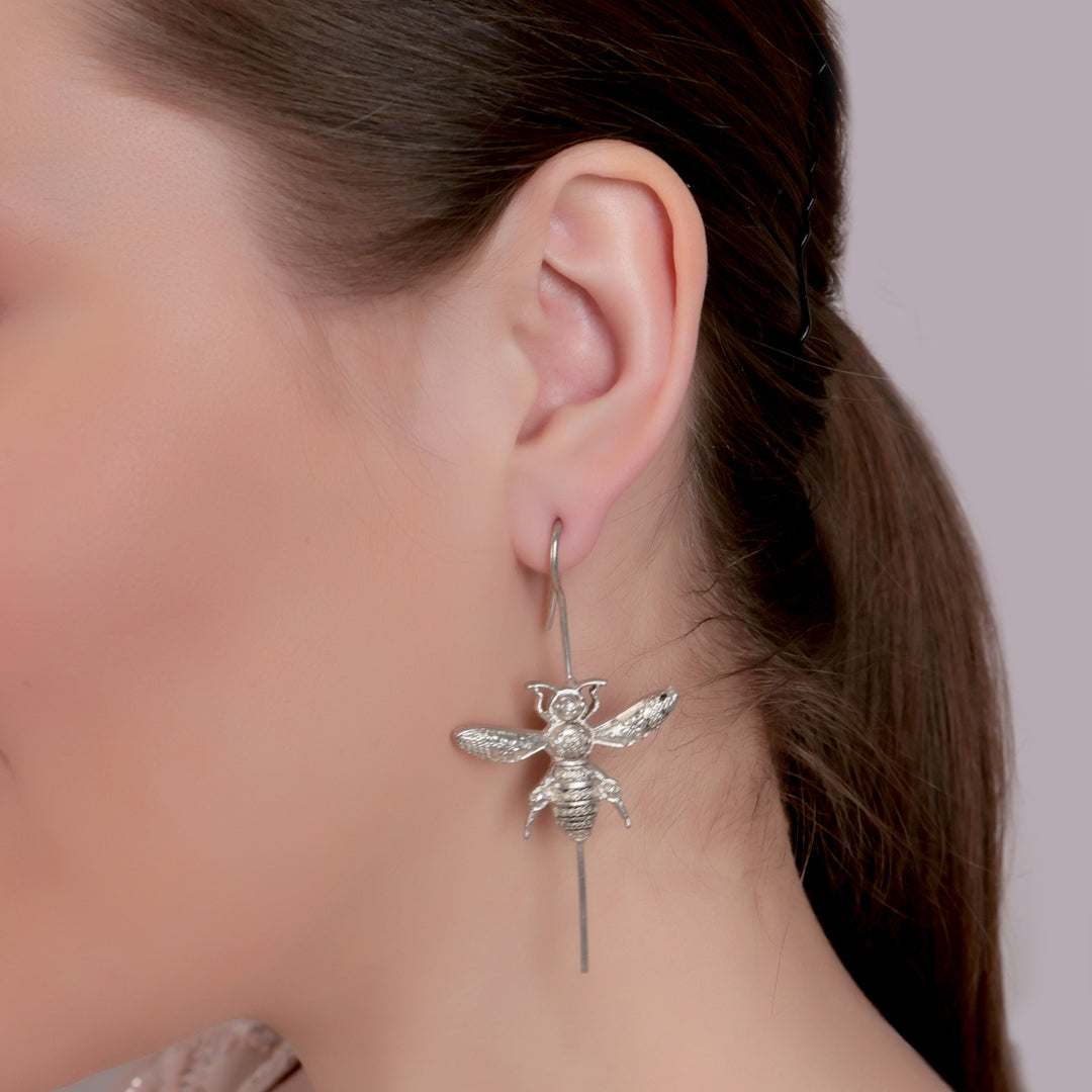 Silver Bee Motif Long Drop Earrings