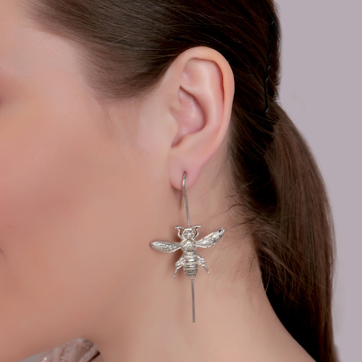 Silver Bee Motif Long Drop Earrings