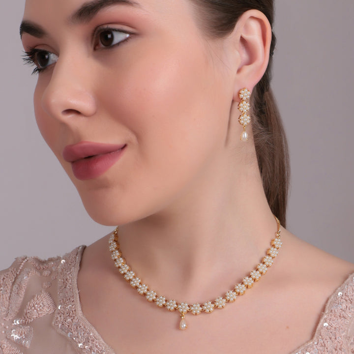 Floral Pearl Cluster AD Necklace Set