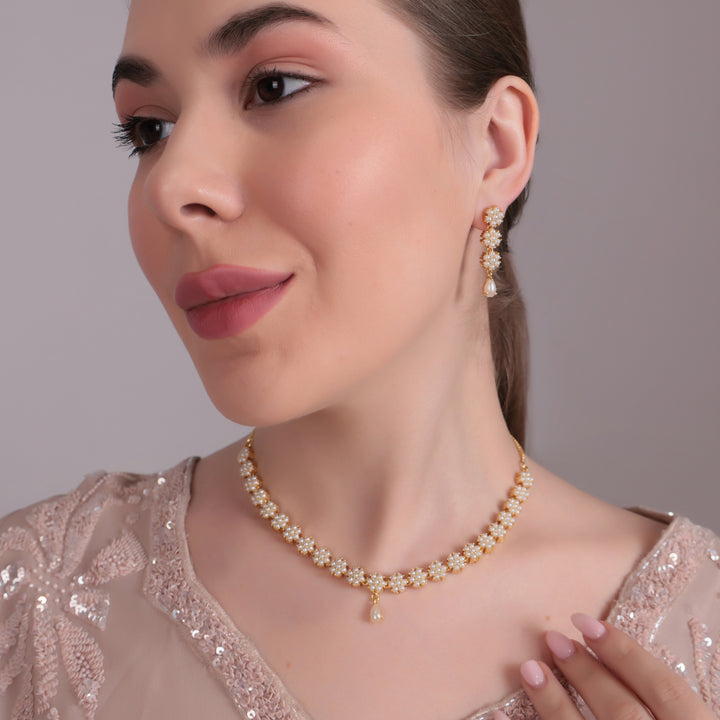 Floral Pearl Cluster AD Necklace Set