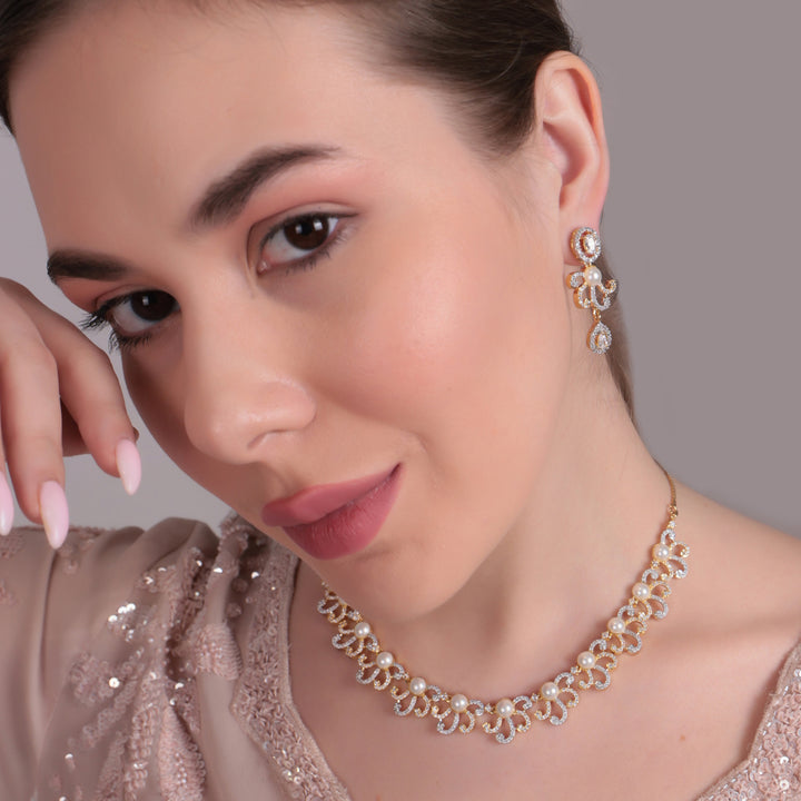 Elegant Pearl & CZ Designer Necklace Set