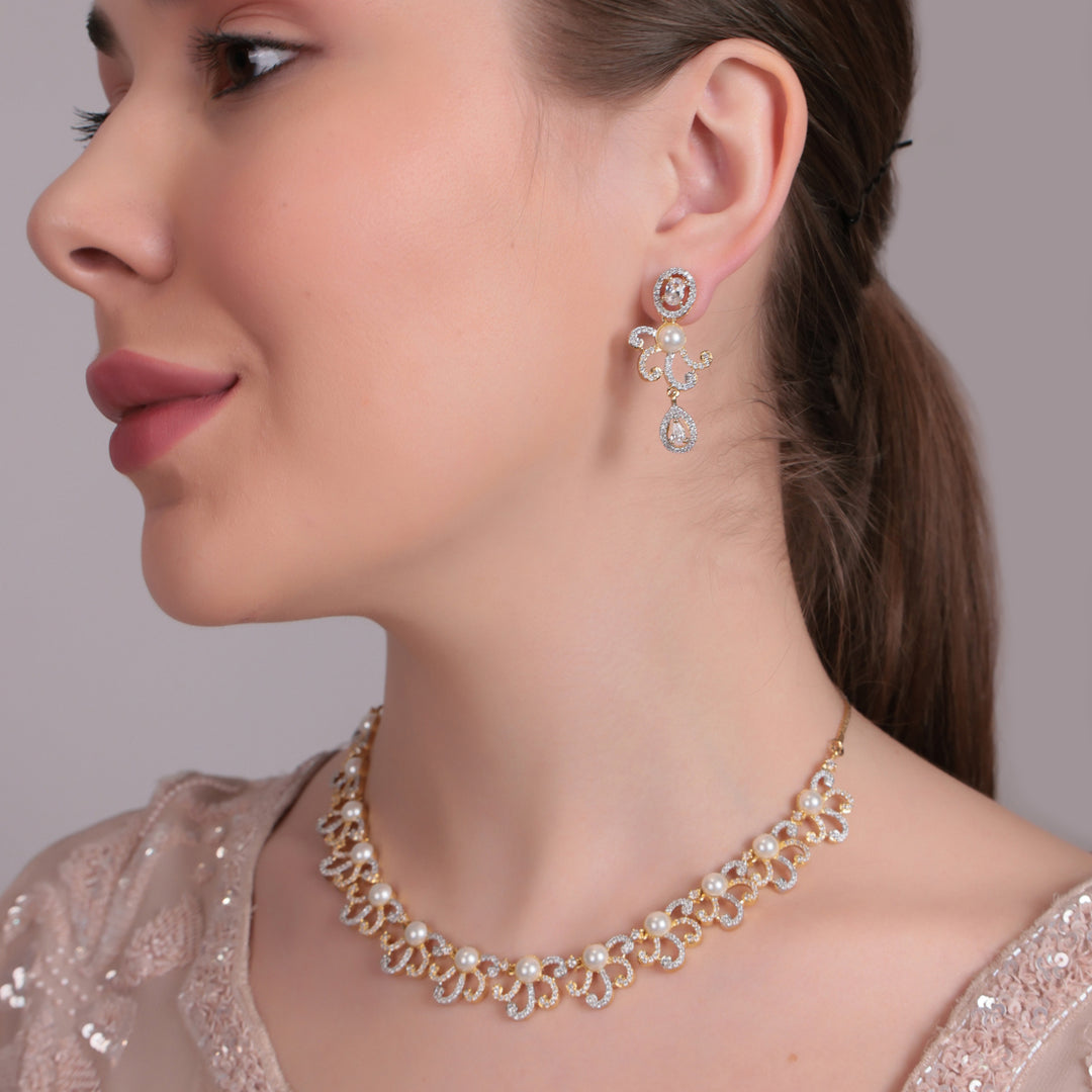 Elegant Pearl & CZ Designer Necklace Set