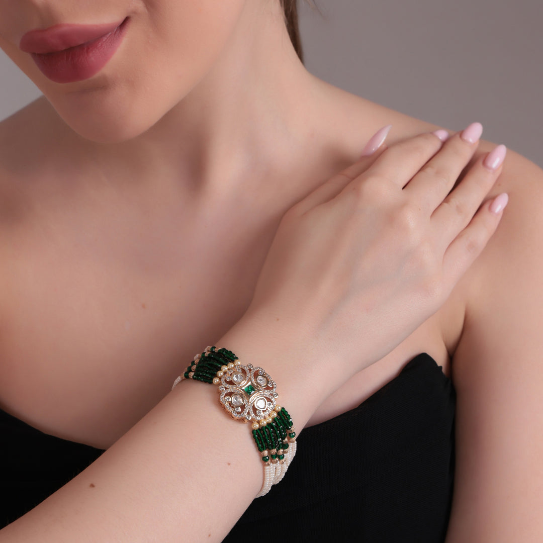 Green & White Multi-Strand Kundan Bracelet
