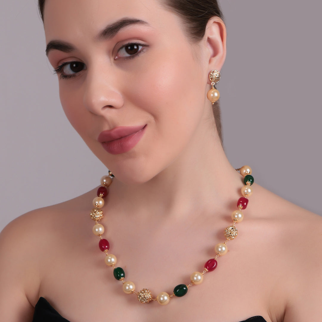 Dual-Tone Pearl & Color Bead Statement Necklace Set