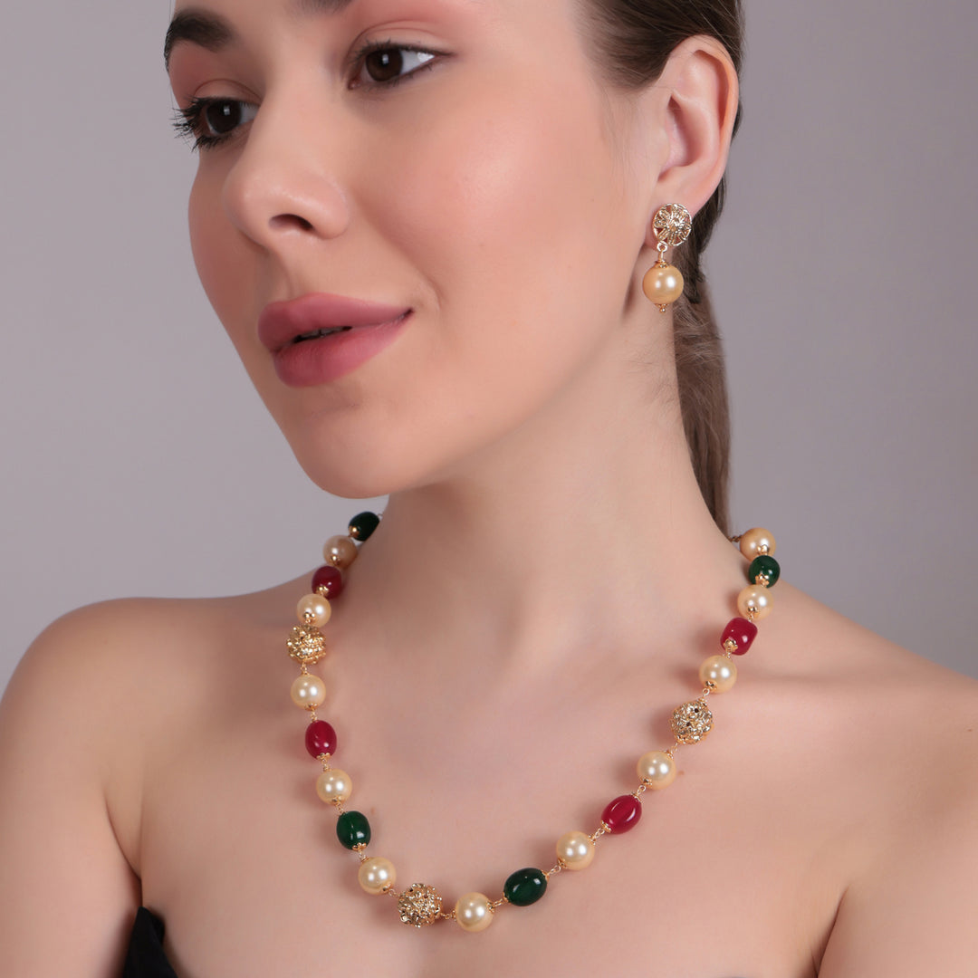 Dual-Tone Pearl & Color Bead Statement Necklace Set