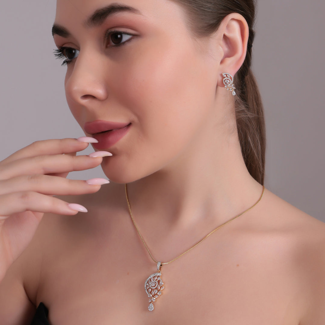 Elegant Dual-Tone CZ Pendant Necklace Set