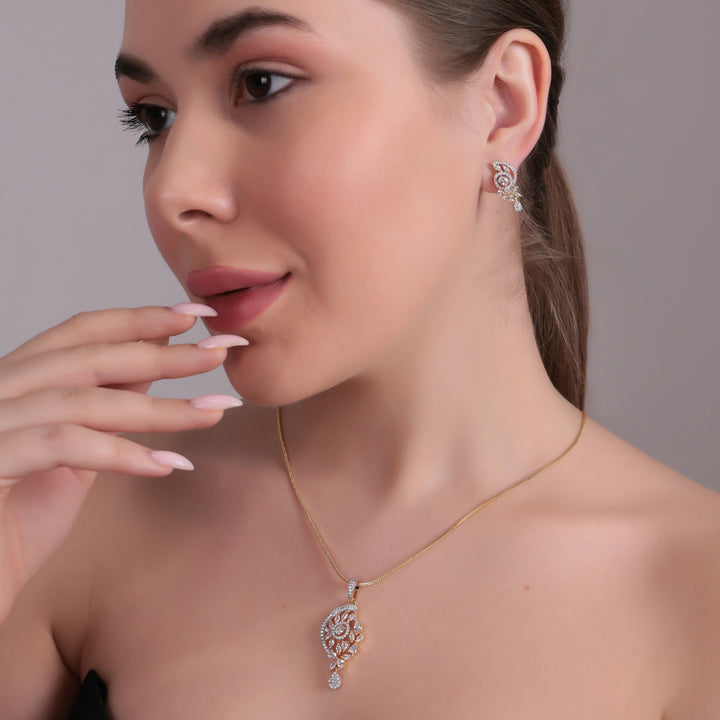 Elegant Dual-Tone CZ Pendant Necklace Set