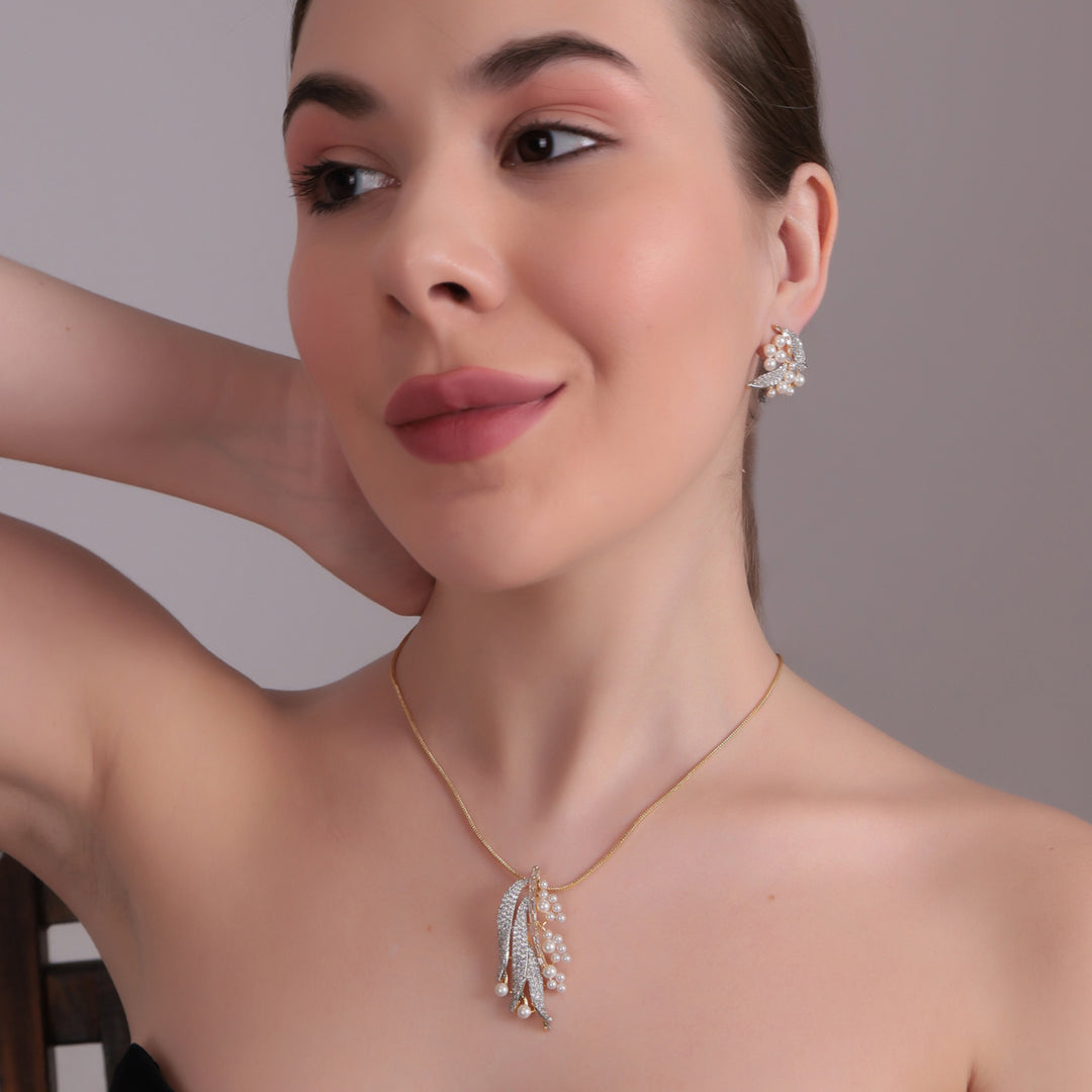 Dual-Tone Feather Pearl AD Pendant Set