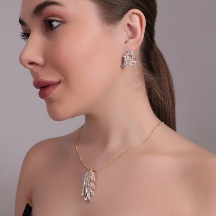 Dual-Tone Feather Pearl AD Pendant Set