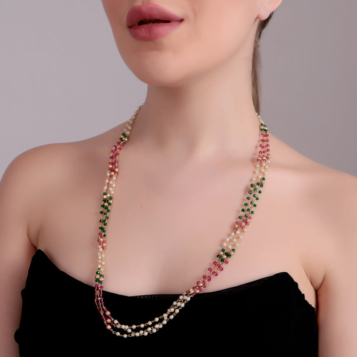 Tri-Color Pearl & Bead Multi-Layer Long Necklace