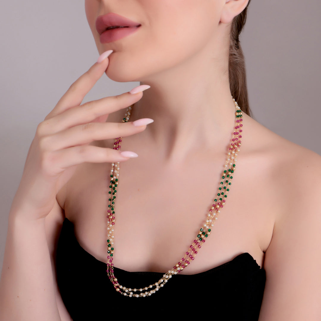 Tri-Color Pearl & Bead Multi-Layer Long Necklace