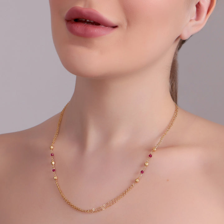 Delicate Gold-Toned Dual Chain Ruby Bead Necklace