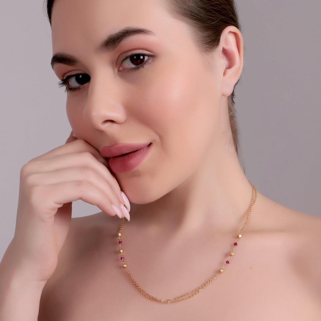 Delicate Gold-Toned Dual Chain Ruby Bead Necklace