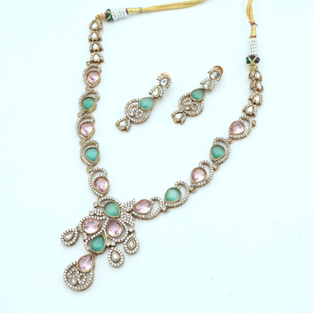 Dual-Tone Pastel Pink & Green Kundan Necklace Set - Pink & Green