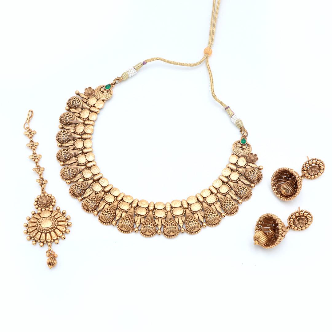 Antique Gold Temple Necklace Set with Jhumka Earrings & Maang Tikka